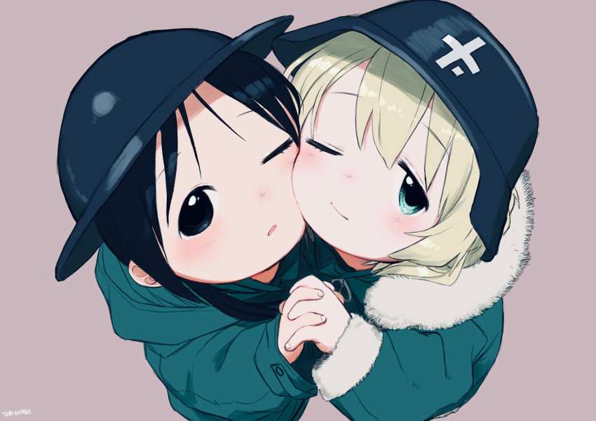 2girls absurdres bangs black_eyes black_hair blonde_hair blue_eyes blush brodie_helmet chito_(shoujo_shuumatsu_ryokou) coat fur-trimmed_coat fur_trim green_coat hat helmet highres holding_hands military military_uniform multiple_girls one_eye_closed open_mouth shoujo_shuumatsu_ryokou signature simple_background smile stahlhelm turbo_engine_(rakugaki_tabo) uniform yuuri_(shoujo_shuumatsu_ryokou)