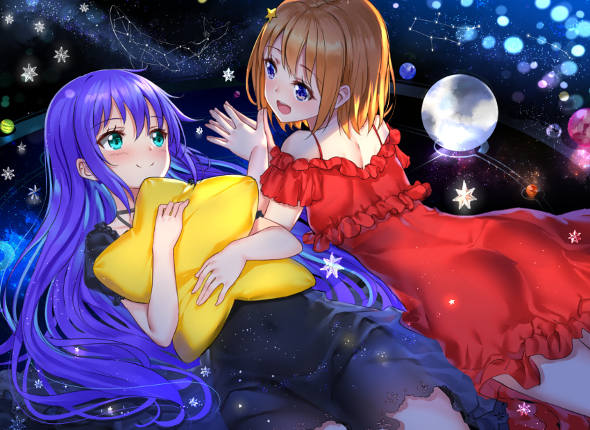 2girls :d ass bangs bare_shoulders black_dress blush brown_hair closed_mouth commentary_request constellation dress eye_contact eyebrows_visible_through_hair frilled_dress frills green_eyes hair_between_eyes hair_ornament hands_together highres koisuru_asteroid konohata_mira long_hair looking_at_another lying manaka_ao multiple_girls off-shoulder_dress off_shoulder on_back on_stomach open_mouth own_hands_together palms_together pillow pillow_hug planet purple_hair red_dress short_hair short_sleeves smile star star_(sky) star_hair_ornament star_pillow swordsouls very_long_hair violet_eyes