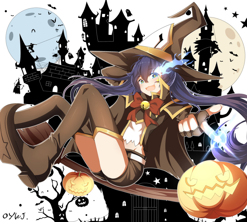 1girl :d absurdres bangs bell belt black_rock_shooter black_rock_shooter_(character) blue_eyes blue_hair boots bow bowtie brown_cape brown_footwear brown_gloves brown_headwear brown_shorts cape eyebrows_visible_through_hair fingerless_gloves floating_hair full_body gloves groin hair_between_eyes halloween halloween_costume hat highres long_hair looking_at_viewer midriff open_mouth oywj pumpkin red_bow red_neckwear shiny shiny_hair short_shorts shorts smile solo sparkle star star-shaped_pupils stomach symbol-shaped_pupils thigh-highs thigh_boots thumbs_up very_long_hair white_belt witch witch_hat zettai_ryouiki