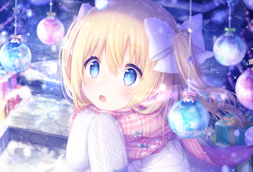 1girl bauble blonde_hair blue_eyes bow box emori_el emori_miku_project gift gift_box hair_bow hands_up highres kon_hoshiro long_hair one_side_up open_mouth plaid plaid_scarf scarf snowing solo sparkle upper_body white_bow white_coat winter winter_clothes