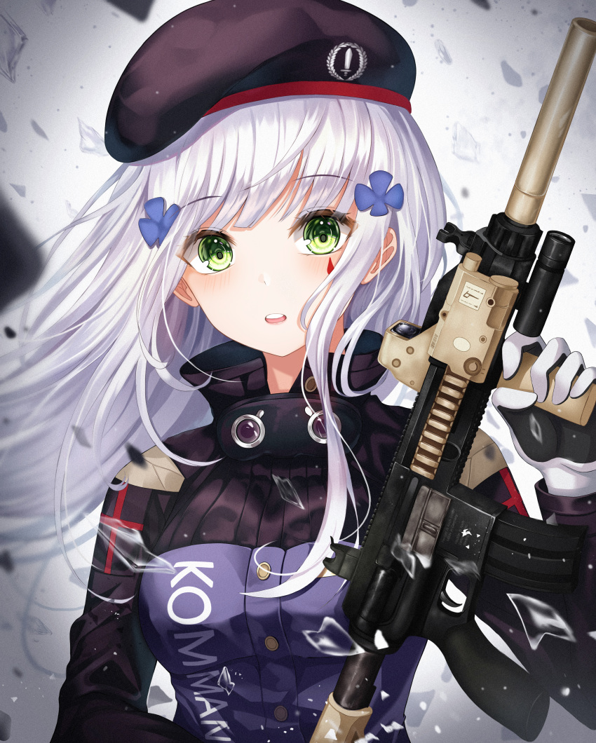 1girl absurdres assault_rifle bangs beret blunt_bangs blush breasts commentary eyebrows_visible_through_hair facial_mark girls_frontline gloves gongha green_eyes gun h&amp;k_hk416 hair_ornament hat highres hk416_(girls_frontline) huge_filesize jacket long_hair looking_at_viewer medium_breasts military_jacket open_mouth rifle silver_hair solo teardrop upper_body very_long_hair weapon white_hair