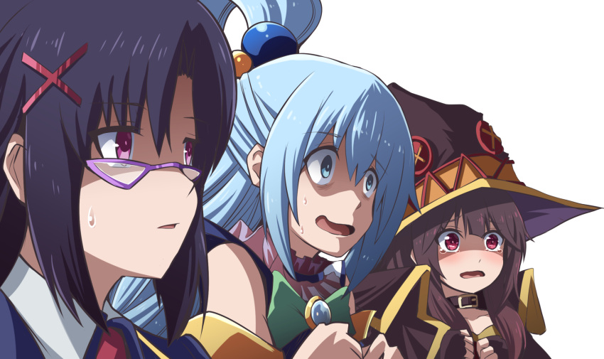 3girls aqua_(konosuba) black_hair blue_eyes blue_hair blush breasts choker fingerless_gloves fujitaka_nasu glasses gloves hair_ornament hair_rings hat highres kono_subarashii_sekai_ni_shukufuku_wo! large_breasts long_hair looking_to_the_side megumin multiple_girls open_mouth red_eyes scared shirt simple_background sweat tears upper_body violet_eyes white_background witch_hat