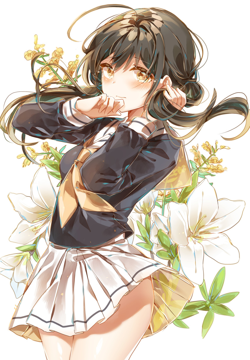 1girl 3: absurdres ahoge arm_up ayatsuki_sugure bangs black_hair black_shirt blush closed_mouth commentary_request cowboy_shot crying crying_with_eyes_open eyebrows_visible_through_hair floral_background flower hand_on_own_face hand_up highres long_hair long_sleeves low_twintails miniskirt neckerchief original pleated_skirt sailor_collar school_uniform serafuku shirt skirt solo tears thighs twintails white_background white_flower white_sailor_collar white_skirt yellow_eyes yellow_neckwear