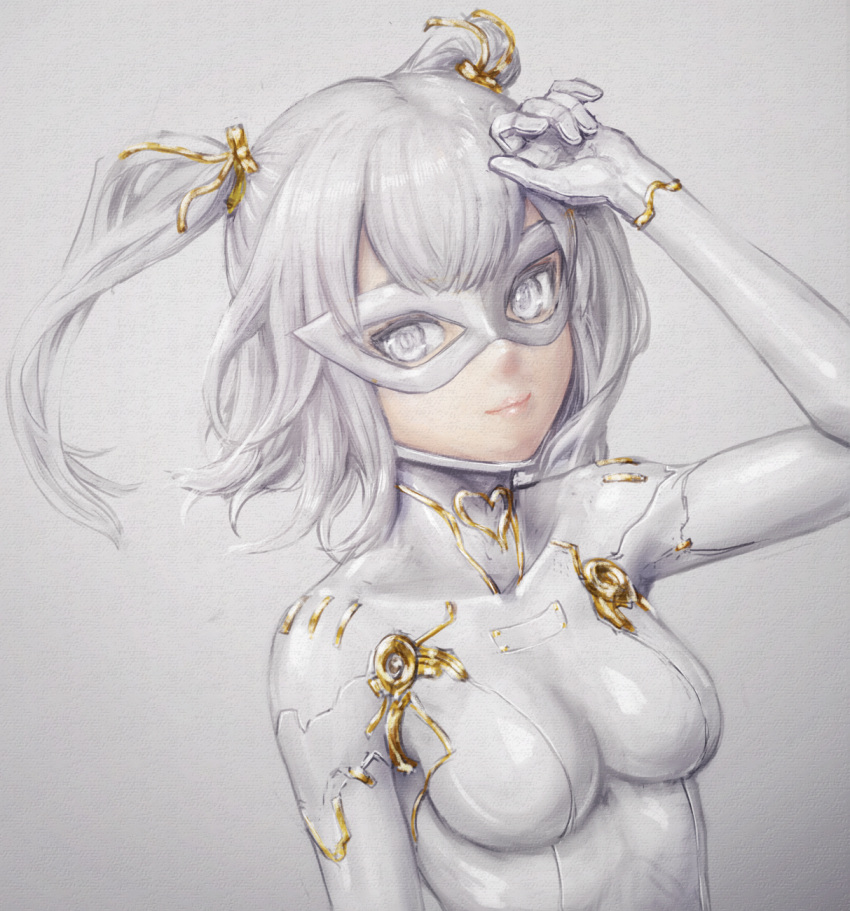 1girl bodysuit commentary_request gold_trim grey_background hand_on_own_head highres looking_at_viewer mask original science_fiction short_twintails skin_tight smile twintails white_bodysuit white_eyes white_hair white_mask white_theme yumikoyama49