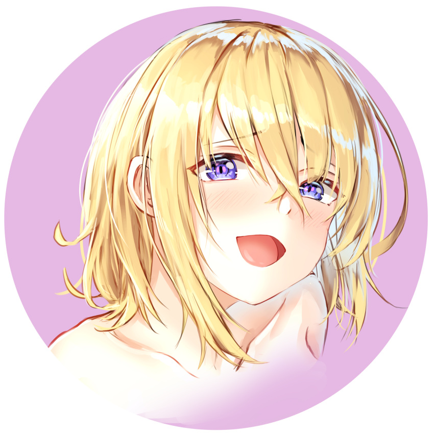 1girl :d absurdres bangs blonde_hair blue_eyes collarbone eyebrows_visible_through_hair hair_between_eyes highres kokose nude open_mouth original portrait shiny shiny_hair short_hair simple_background smile solo white_background
