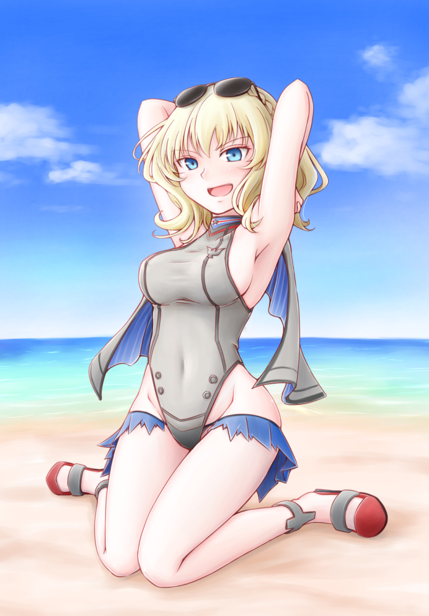 1girl adapted_costume anklet armpits arms_behind_head arms_up badge bangs beach black-framed_eyewear blonde_hair blue_capelet blue_eyes blue_sky braid breasts buttons capelet casual_one-piece_swimsuit clouds colorado_(kantai_collection) covered_collarbone covered_navel day double-breasted eyebrows_visible_through_hair eyewear_on_head full_body grey_capelet grey_swimsuit groin halterneck highleg highleg_swimsuit highres horizon jewelry kantai_collection kneeling knees_together_feet_apart medium_breasts medium_hair meihemu military military_uniform ocean on_ground one-piece_swimsuit open_mouth outdoors pinstripe_pattern red_footwear sandals side_braids sky smile solo star star_print striped sunglasses swimsuit swimsuit_skirt taut_clothes taut_swimsuit thighs turtleneck uniform water wavy_hair