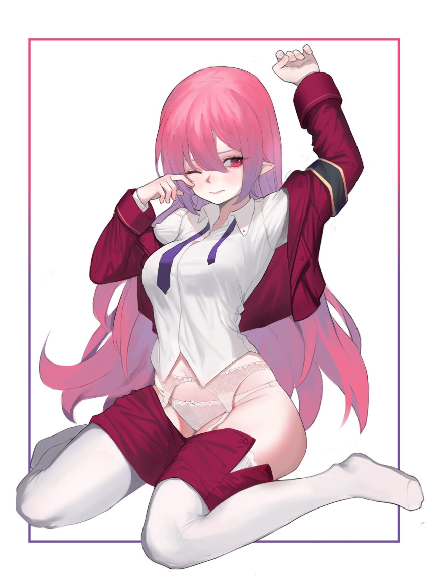1girl arm_up blue_neckwear border breasts closed_mouth collared_shirt cropped_jacket full_body garter_belt heoningu highres jacket long_hair long_sleeves medium_breasts miniskirt no_shoes one_eye_closed panties pink_border pink_eyes pink_hair pointy_ears red_jacket red_skirt shirt simple_background sitting skirt skirt_pull solo thigh-highs underwear undone_necktie very_long_hair wariza white_background white_legwear white_panties white_shirt wing_collar