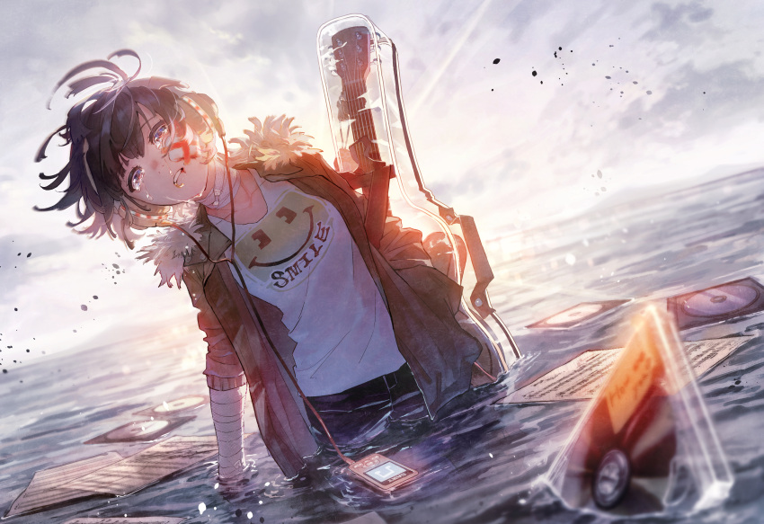1girl absurdres afloat bandaged_arm bandages black_hair cd cellphone clouds cloudy_sky commentary_request day earphones english_commentary flat_chest guitar highres huge_filesize instrument kokorin ocean original paper partially_submerged phone short_hair sky solo standing tears white_sky