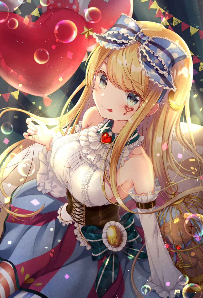 1girl arm_belt balloon bare_shoulders birdcage blonde_hair blue_bow blue_eyes bow breasts brooch cage collared_shirt detached_sleeves emori_el emori_miku_project facial_mark frilled_bow frilled_shirt frills gold_trim gomano_rio hair_bow heart heart_balloon highres jewelry long_hair long_skirt long_sleeves looking_at_viewer medium_breasts shirt skirt smile solo stuffed_animal stuffed_toy teddy_bear tongue tongue_out underbust white_shirt