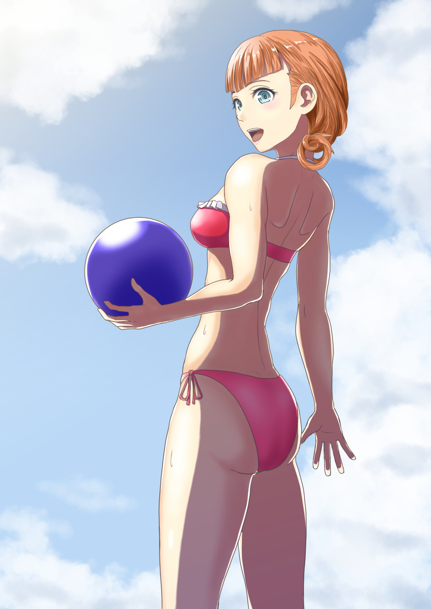 1girl annette_fantine_dominic aqua_eyes ass back ball bikini blush cute fire_emblem fire_emblem:_three_houses fire_emblem:_three_houses fire_emblem_16 gzo1206 holding holding_ball intelligent_systems long_hair looking_at_viewer nintendo open_mouth orange_hair pink_bikini solo summer swimsuit upper_teeth zettai_ryouiki