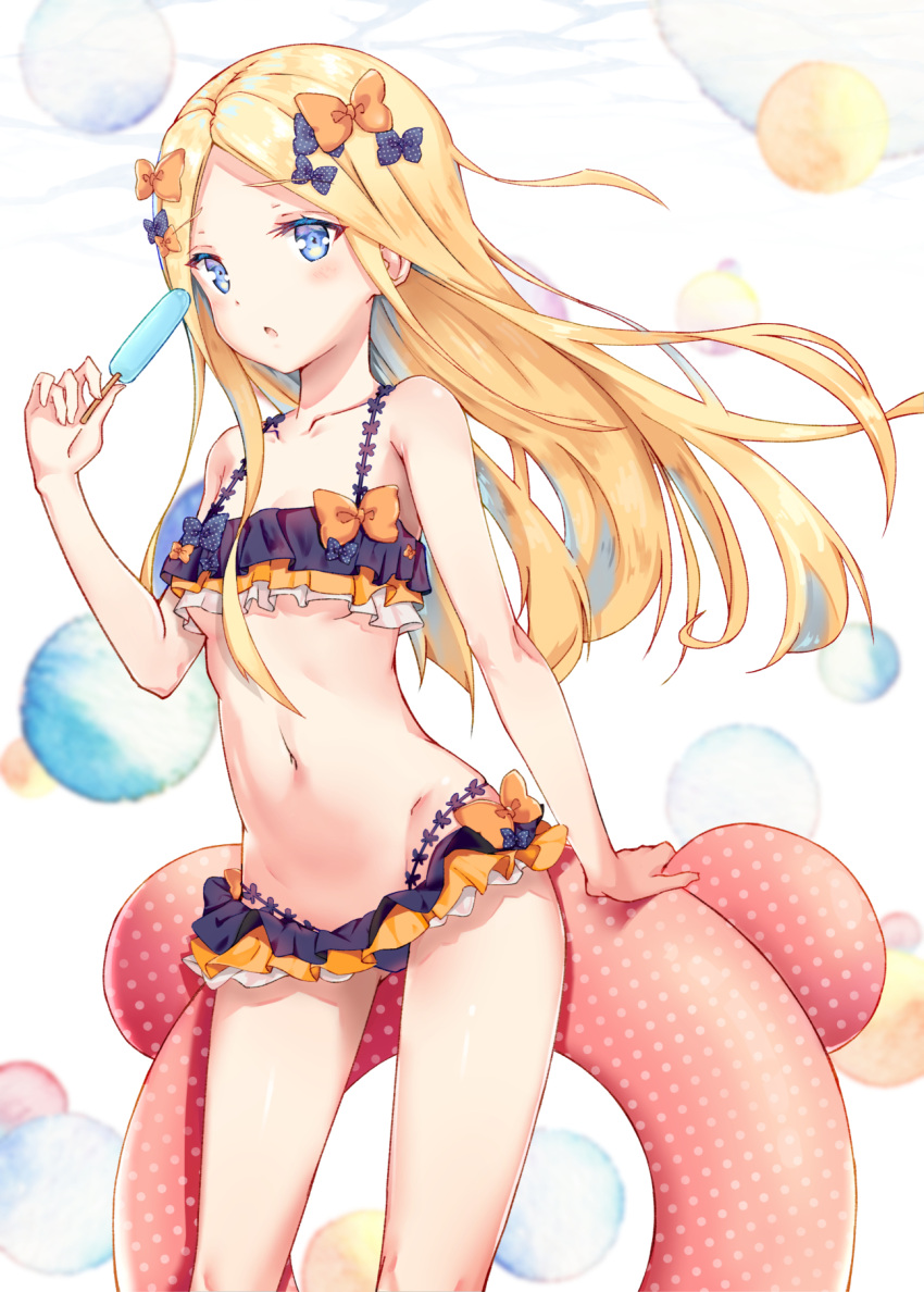 1girl abigail_williams_(fate/grand_order) bangs bare_shoulders bikini black_bikini black_bow blonde_hair blue_eyes blush bow breasts collarbone commentary_request emerald_float fate/grand_order fate_(series) food forehead frilled_bikini frills hair_bow highres innertube kyaroru long_hair looking_at_viewer multiple_bows multiple_hair_bows navel open_mouth orange_bow parted_bangs polka_dot polka_dot_bow popsicle revision small_breasts solo swimsuit thighs