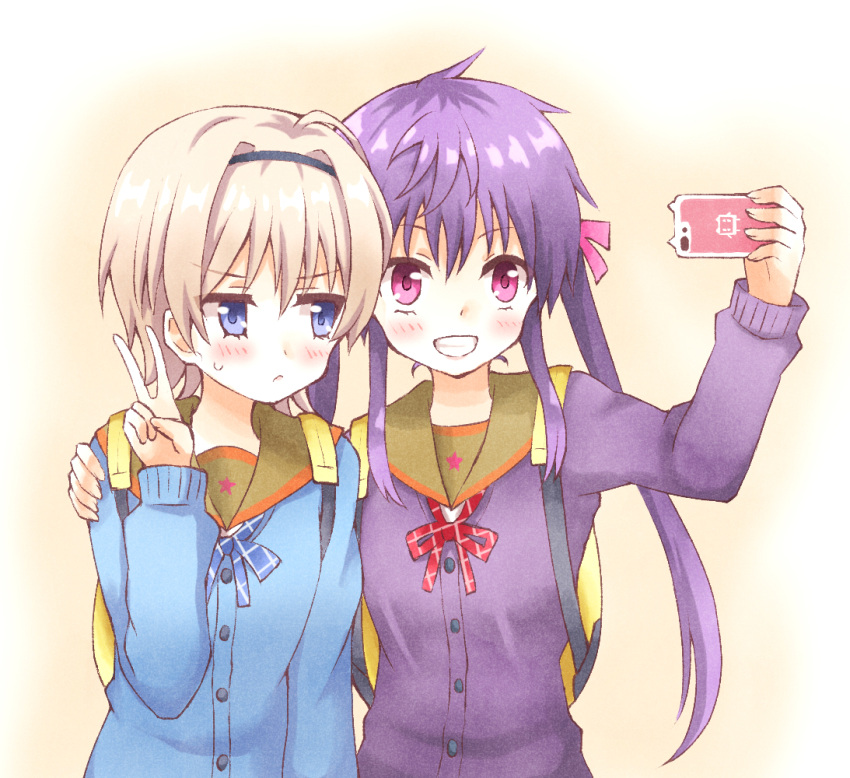 2girls backpack bag blue_eyes blush cellphone coat ebisuzawa_kurumi frown gakkou_gurashi! hair_between_eyes iphone long_hair long_sleeves ma_tsukasa multiple_girls naoki_miki phone purple_hair ribbon salute self_shot short_hair silver_hair smartphone smile twintails two-finger_salute v-shaped_eyebrows