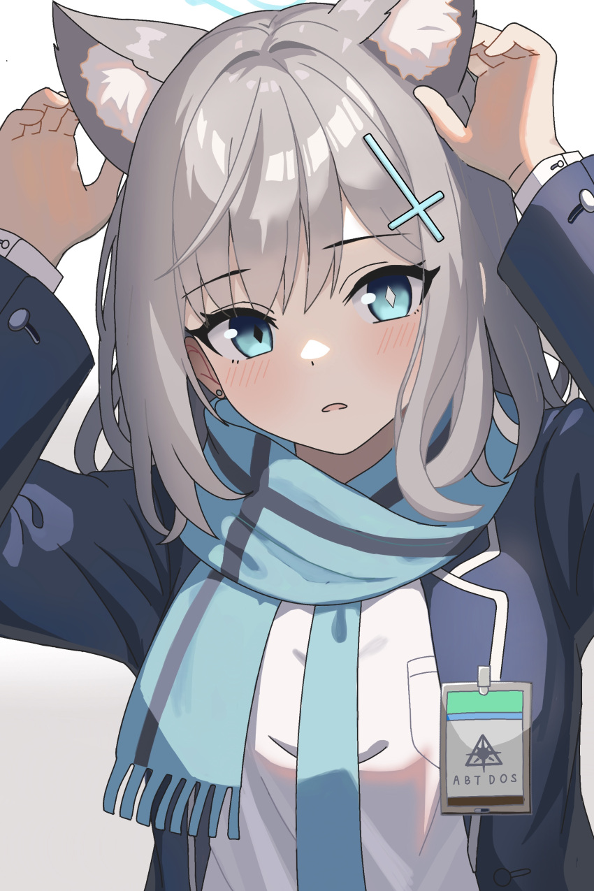 1girl absurdres animal_ear_fluff animal_ears arms_up blue_archive blue_eyes blue_halo blue_jacket blue_necktie blue_scarf blush commentary cross_hair_ornament diamond-shaped_pupils diamond_(shape) facing_viewer grey_background grey_hair guoranchi hair_ornament halo highres jacket long_sleeves looking_ahead medium_hair mismatched_pupils necktie parted_lips scarf school_uniform shiroko_(blue_archive) shirt simple_background solo symbol-shaped_pupils upper_body white_shirt wolf_ears