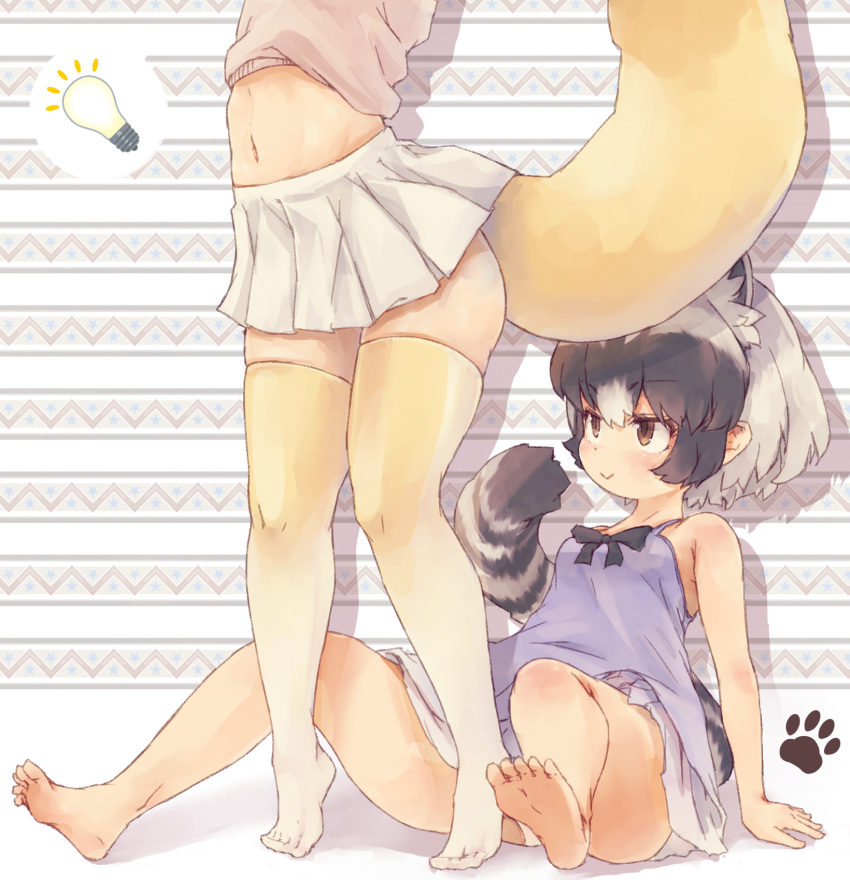 2girls :&gt; adapted_costume animal_ear_fluff animal_ears bangs bare_arms bare_legs bare_shoulders barefoot black_hair brown_eyes commentary_request common_raccoon_(kemono_friends) extra_ears eyebrows_visible_through_hair fennec_(kemono_friends) grey_hair hair_between_eyes head_out_of_frame highres implied_pantyshot kemono_friends kolshica light_bulb midriff multicolored_hair multiple_girls navel panties pantyshot pleated_skirt raccoon_ears raccoon_tail short_hair sitting skirt smile soles spaghetti_strap standing tail thigh-highs tiptoes two-tone_hair underwear white_panties white_skirt yellow_legwear