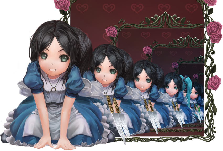 2girls alice:_madness_returns alice_(wonderland) alice_in_wonderland all_fours american_mcgee's_alice apron bangs blue_hair child commentary_request crossover dress flower frilled_dress frills green_eyes grin hairband hatsune_miku jewelry kome_(okome-smile) long_hair looking_at_viewer mirror multiple_girls necklace open_mouth parted_bangs pink_flower pink_rose plant profile reflection rose short_sleeves smile teeth vines