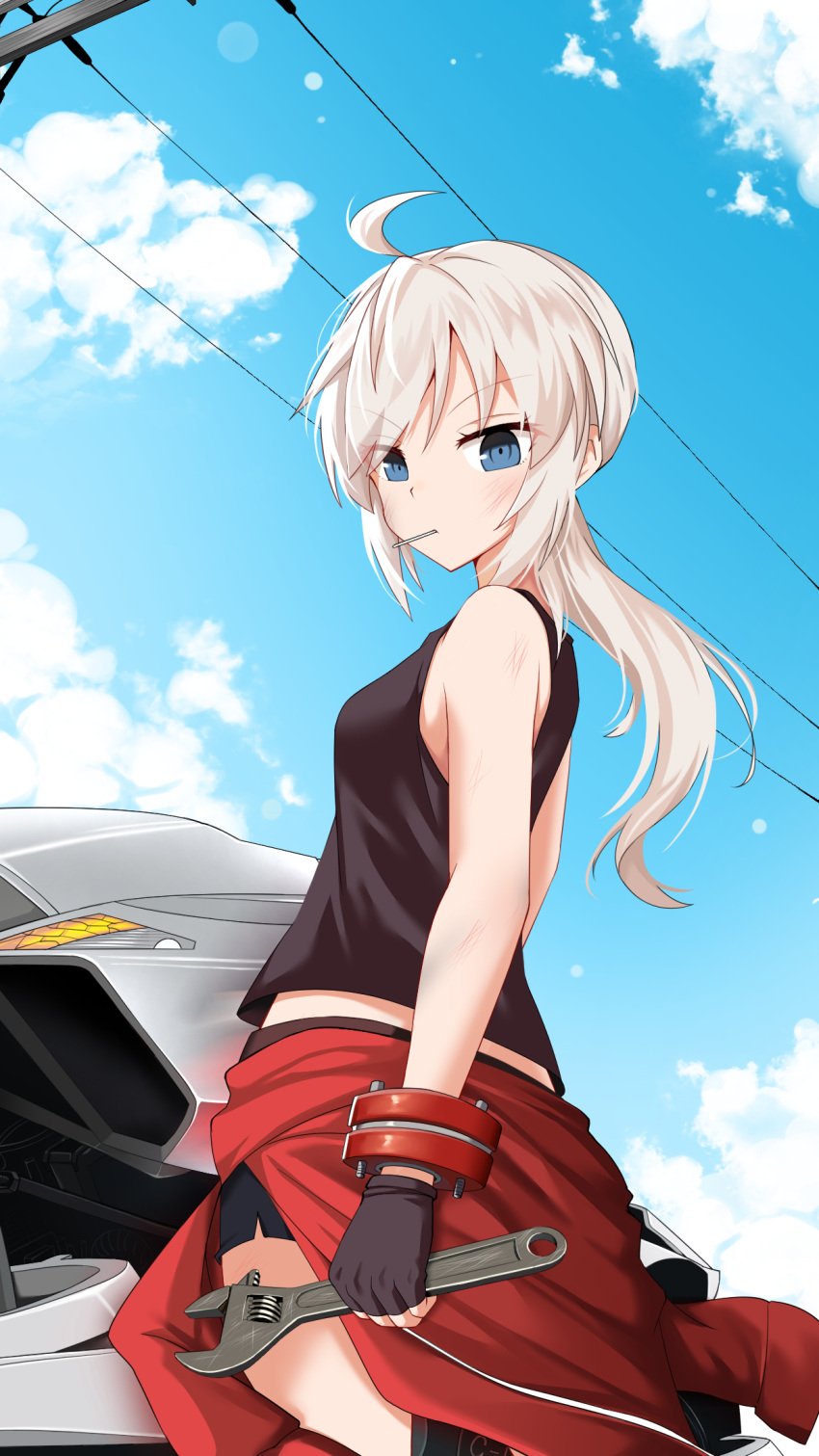 1girl ahoge bangs black_gloves black_shirt black_shorts blue_eyes blue_sky breasts candy clothes_around_waist clouds cowboy_shot day eyebrows_visible_through_hair fingerless_gloves floating_hair food from_side gloves highres holding jacket jacket_around_waist lollipop long_hair looking_at_viewer original outdoors oywj red_jacket shiny shiny_hair shirt short_shorts shorts silver_hair sky sleeveless sleeveless_shirt small_breasts solo standing swept_bangs