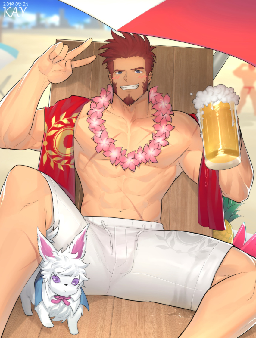 1boy abs alcohol bara beard beer blue_eyes blush brown_hair chest facial_hair fate/grand_order fate_(series) flower flower_necklace fou_(fate/grand_order) highres hunterkay jewelry looking_at_viewer male_focus muscle napoleon_bonaparte_(fate/grand_order) necklace pectorals scar sitting smile solo summer swimsuit umbrella upper_body victory_pose