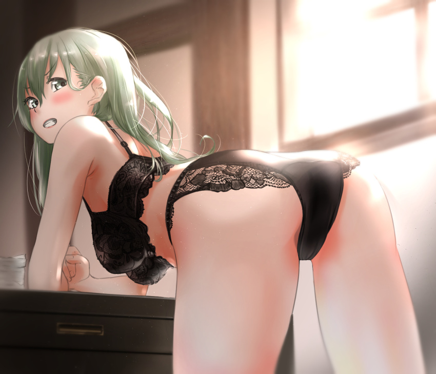 1girl ass black_bra black_panties blush bra breasts commentary_request eyebrows_visible_through_hair green_hair hair_between_eyes highres kantai_collection large_breasts long_hair panties revision solo sunlight suzuya_(kantai_collection) tama_(seiga46239239) underwear underwear_only window