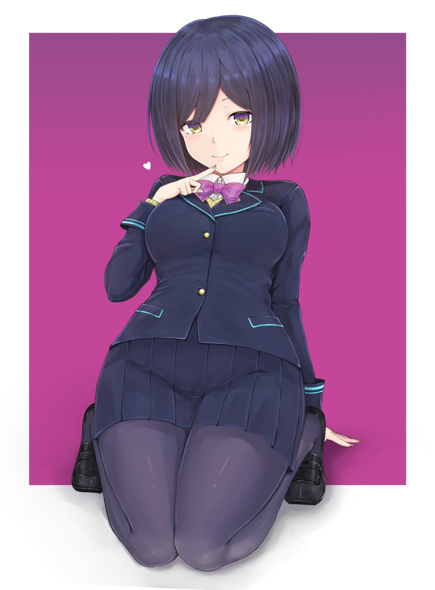 1girl absurdres bangs black_footwear black_hair blazer blue_jacket blue_skirt blush bow breasts closed_mouth collared_shirt commentary_request dress_shirt finger_to_mouth full_body grey_legwear hand_up heart highres jacket loafers long_sleeves medium_breasts nijisanji pantyhose parted_bangs pleated_skirt purple_background purple_bow shirt shizuka_rin shoes short_hair skirt smile solo sweater temari_rin two-tone_background virtual_youtuber white_background white_shirt yellow_eyes yellow_sweater