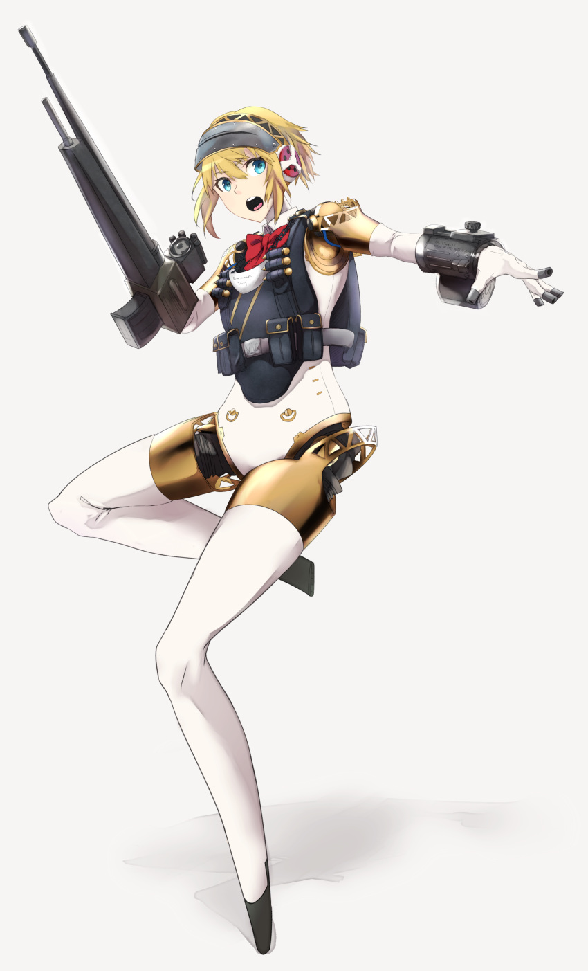 1girl absurdres aegis_(persona) android blonde_hair blue_eyes gun highres open_mouth persona persona_3 rdc7229 robot_joints short_hair simple_background solo weapon white_background