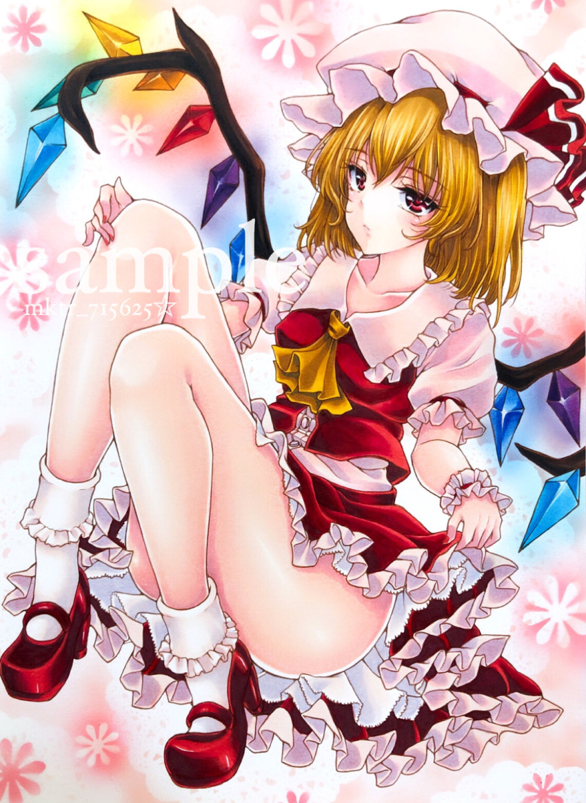 1girl ascot bangs blonde_hair closed_mouth collarbone eyebrows_visible_through_hair flandre_scarlet frilled_legwear frilled_skirt frilled_sleeves frills full_body hair_between_eyes hat highres mary_janes medium_hair miniskirt mktr_(princess_mktr) nail_polish red_eyes red_footwear red_nails red_shirt red_skirt sample shiny shiny_hair shirt shoes skirt skirt_hold socks solo touhou white_headwear white_legwear white_sleeves wings wrist_cuffs yellow_neckwear