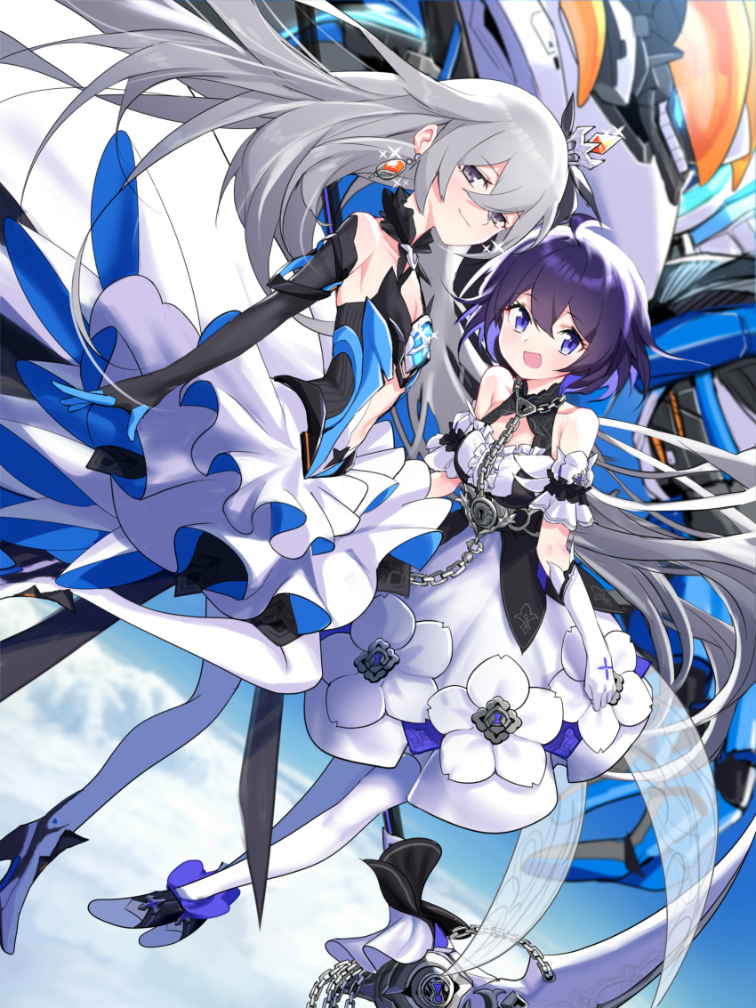 2girls :d absurdres ahoge arm_cuffs bangs bare_shoulders black_gloves blue_eyes blue_hair blurry blurry_background breasts bronya_zaychik bronya_zaychik_(herrscher_of_reason) brooch center_opening chain clouds collar collarbone commentary_request crossed_bangs crown dress dress_flower earrings elbow_gloves eyebrows_visible_through_hair flat_chest floating frilled_collar frills full_body glint gloves grey_eyes grey_hair high_heels highres holding holding_scythe honkai_(series) honkai_impact_3rd jellsuimu jewelry keyhole layered_dress long_hair looking_at_viewer mini_crown multicolored_hair multiple_girls open_mouth pantyhose project_bunny purple_hair scythe seele_vollerei seele_vollerei_(stygian_nymph) sidelocks single_elbow_glove skirt sky sleeveless sleeveless_dress small_breasts smile tilted_headwear two-tone_dress two-tone_hair white_dress white_gloves white_legwear white_skirt