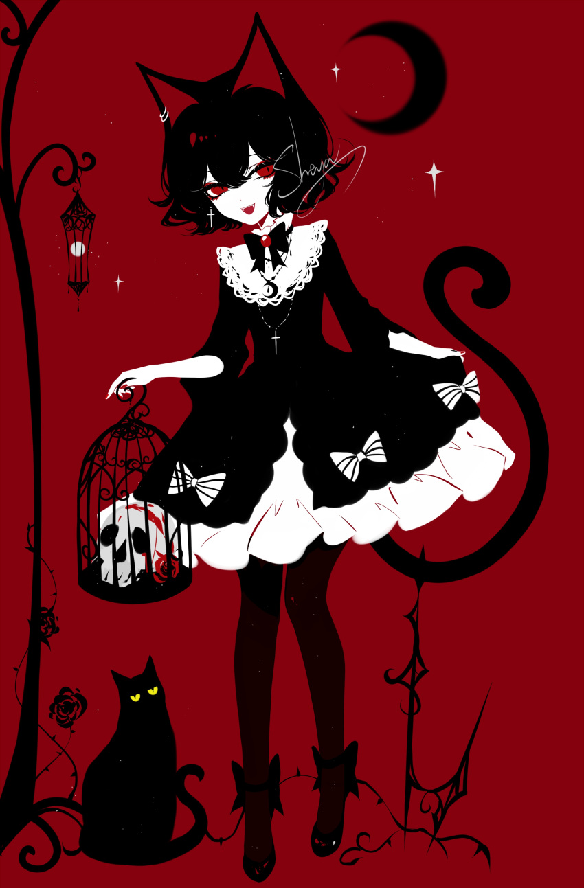 1girl :d absurdres animal_ears artist_name bangs birdcage black_cat black_dress black_hair bow bowtie cage cat cat_ears cat_tail crescent dress earrings full_body gothic_lolita hair_between_eyes highres holding jewelry lolita_fashion long_sleeves looking_at_viewer open_mouth original pantyhose petticoat red_background red_eyes sheya short_dress short_hair signature simple_background skull smile standing tail