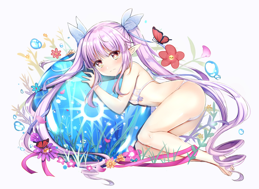 1girl absurdres animal arm_up ass bangs bare_arms bare_legs bare_shoulders barefoot bikini blue_flower blue_ribbon blush brown_eyes bug butterfly closed_mouth eyebrows_visible_through_hair flower hair_ribbon highres hikawa_kyouka insect long_hair lydia601304 micro_bikini pointy_ears princess_connect! princess_connect!_re:dive purple_flower purple_hair red_flower ribbon ringlets see-through sidelocks solo swimsuit twintails very_long_hair wavy_mouth white_bikini