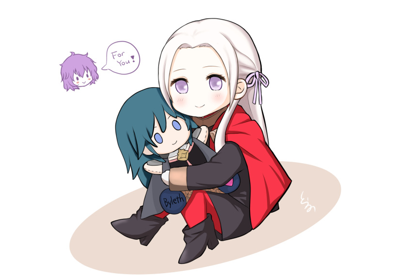 3girls bernadetta_von_varley blush boots byleth_(fire_emblem) byleth_eisner_(female) byleth_eisner_(female) cape character_doll chibi cute edelgard_von_hresvelg english_commentary face female_my_unit_(fire_emblem:_three_houses) fire_emblem fire_emblem:_three_houses fire_emblem:_three_houses fire_emblem_16 garreg_mach_monastery_uniform hair_ribbon hug hugging hugging_object hugging_toy intelligent_systems kakuzatou_(pixiv_id_9612641) loli long_hair my_unit_(fire_emblem:_three_houses) nintendo plush ribbon sitting teenage violet_eyes white_background white_hair