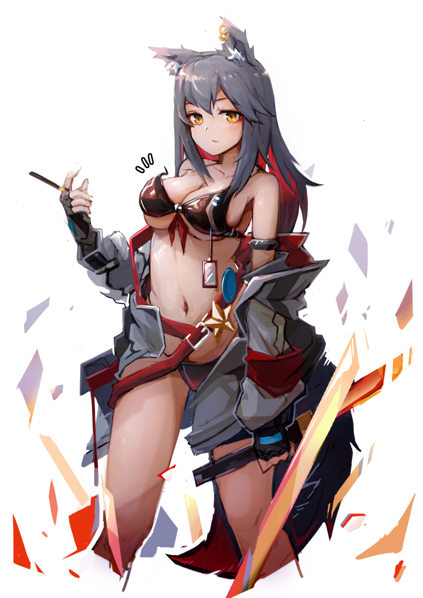 1girl absurdres animal_ear_fluff animal_ears arknights bangs bare_shoulders bikini black_bikini black_gloves black_hair breasts brown_eyes commentary cropped_legs earrings fingerless_gloves food gloves grey_jacket hand_up highres holding holding_food holding_sword holding_weapon jacket jewelry jumbowhopper large_breasts left-handed long_hair long_sleeves looking_at_viewer multicolored_hair navel off_shoulder open_clothes open_jacket pocky redhead reverse_grip simple_background solo standing stomach swimsuit sword texas_(arknights) thighs weapon white_background wolf_ears
