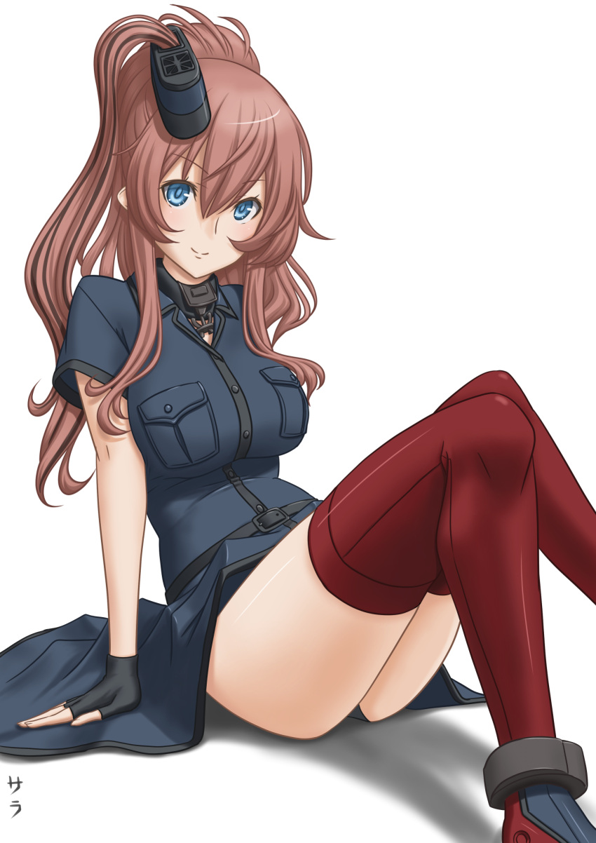 1girl black_dress black_gloves blue_eyes breast_pocket breasts brown_hair commentary_request dress fingerless_gloves gloves hair_between_eyes highres kantai_collection large_breasts looking_at_viewer partial_commentary pocket ponytail red_legwear remodel_(kantai_collection) saratoga_(kantai_collection) side_ponytail sidelocks simple_background sitting smile smokestack smokestack_hair_ornament solo t2r thigh-highs thighs white_background