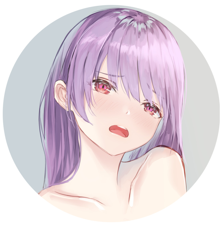 1girl absurdres bangs collarbone eyebrows_visible_through_hair hair_between_eyes head_tilt highres kokose long_hair nude open_mouth original portrait purple_hair red_eyes shiny shiny_hair simple_background solo straight_hair white_background