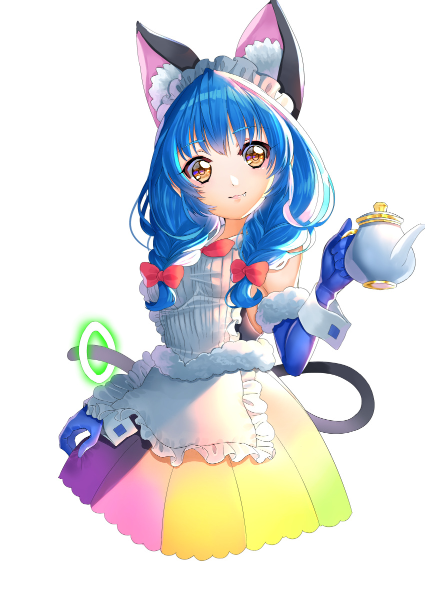1girl absurdres alternate_costume animal_ear_fluff animal_ears apron bangs blue_gloves blue_hair bow bowtie braid cat_ears cat_tail cropped_legs cup elbow_gloves enmaided eyebrows_visible_through_hair fur-trimmed_gloves fur_trim gloves hair_bow highres holding long_hair looking_at_viewer maid maid_headdress multicolored multicolored_clothes multicolored_skirt pleated_skirt precure red_bow red_neckwear simple_background skirt sleeveless solo star_twinkle_precure tail teacup twin_braids twintails white_apron white_background yellow_eyes yuni_(precure) yuutarou_(fukiiincho)