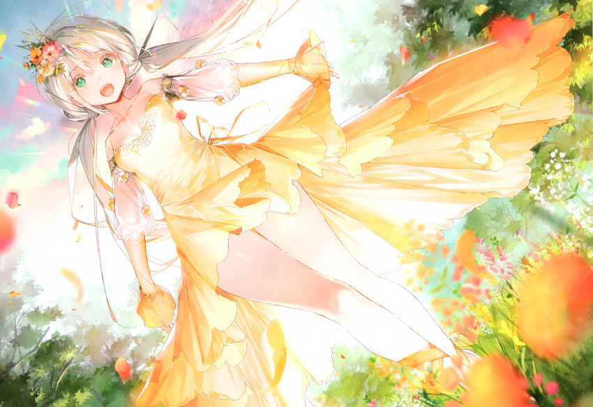 1girl absurdres bare_legs crown dress dsmile flower highres long_hair looking_at_viewer open_clothes original petals scan smile solo twintails yellow_dress