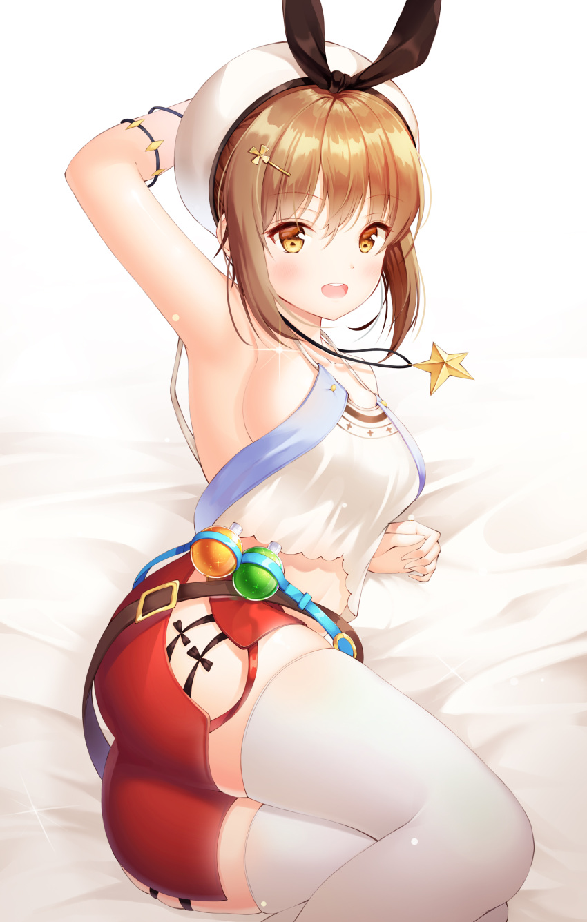 1girl :d absurdres arm_behind_head arm_up armpits ass atelier_(series) atelier_ryza bangs bare_shoulders bed_sheet belt beret black_ribbon blush breasts brown_eyes brown_hair eyebrows_visible_through_hair feet_out_of_frame flask hair_ornament hairclip hat hat_ribbon highres jewelry kotomaru_(sirouko9511) lying medium_breasts midriff necklace on_bed on_side open_mouth red_shorts reisalin_stout ribbon round-bottom_flask round_teeth shirt short_hair short_shorts shorts sideboob skindentation sleeveless sleeveless_shirt smile solo sparkle star star_necklace teeth thigh-highs upper_teeth white_headwear white_legwear
