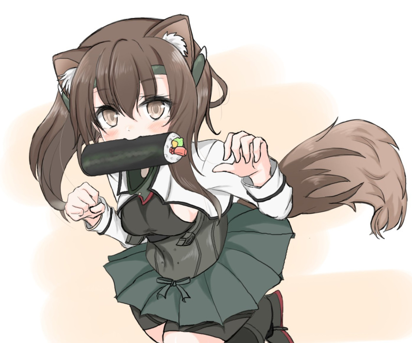 1girl alternate_breast_size animal_ears bangs bike_shorts black_legwear black_skirt blush breasts brown_eyes brown_hair claw_pose dog_ears dog_tail ehoumaki food food_in_mouth hair_between_eyes headband headgear japanese_clothes kantai_collection kasashi_(kasasi008) long_sleeves makizushi medium_breasts mouth_hold short_hair shorts shorts_under_skirt skirt solo sushi taihou_(kantai_collection) tail