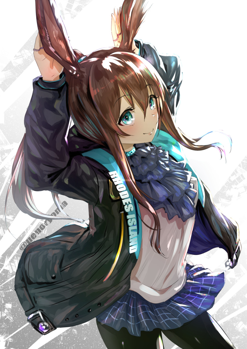 1girl amiya_(arknights) animal_ears arknights arms_up artist_name bangs black_jacket black_legwear blue_eyes blue_neckwear blue_skirt blush brown_hair bunny_pose commentary_request cowboy_shot cravat eyebrows_visible_through_hair hair_between_eyes highres jacket long_hair long_sleeves looking_at_viewer microskirt open_clothes open_jacket pantyhose partial_commentary plaid plaid_skirt pleated_skirt ponytail rabbit_ears shirt skirt smile solo standing twitter_username uenoryoma white_background white_shirt