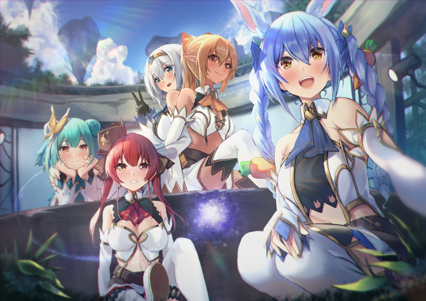 5girls :d anemone_noa animal_ears ascot bangs bare_shoulders black_gloves black_headwear black_ribbon blonde_hair blue_ascot blue_eyes blue_hair blue_sky braid breasts bunny-shaped_pupils butterfly_hair_ornament carrot_hair_ornament closed_mouth clouds commentary_request crop_top dark-skinned_female dark_skin day detached_collar detached_sleeves double_bun elf extra_ears eyebrows_visible_through_hair food-themed_hair_ornament gloves green_hair grin hair_between_eyes hair_ornament hair_ribbon hand_on_own_knee hands_on_own_cheeks hands_on_own_face hat head_rest heterochromia highres hololive hololive_fantasy houshou_marine large_breasts locked_arms long_hair long_sleeves medium_breasts multiple_girls open_mouth orange_ascot outdoors pointy_ears ponytail rabbit_ears red_ascot red_eyes redhead ribbon shiranui_flare shirogane_noel short_eyebrows short_hair silver_hair sitting sky smile squatting symbol-shaped_pupils thick_eyebrows thigh-highs tiara tilted_headwear twin_braids twintails uruha_rushia usada_pekora v virtual_youtuber white_footwear white_legwear yellow_eyes