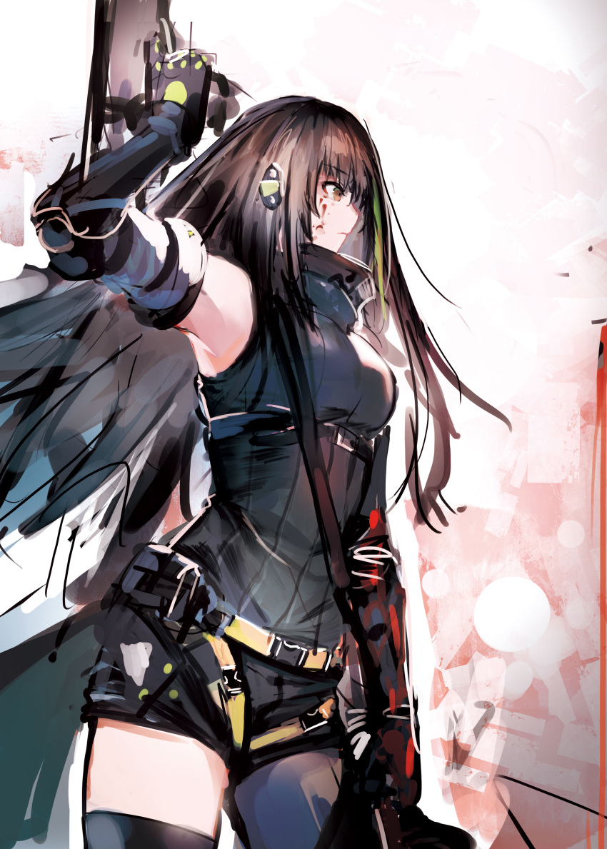 1girl absurdres assault_rifle brown_eyes brown_hair detached_sleeves gun highres holding holding_gun holding_weapon irikawa m4_carbine m4a1_(girls_frontline) rifle shorts solo thighs weapon