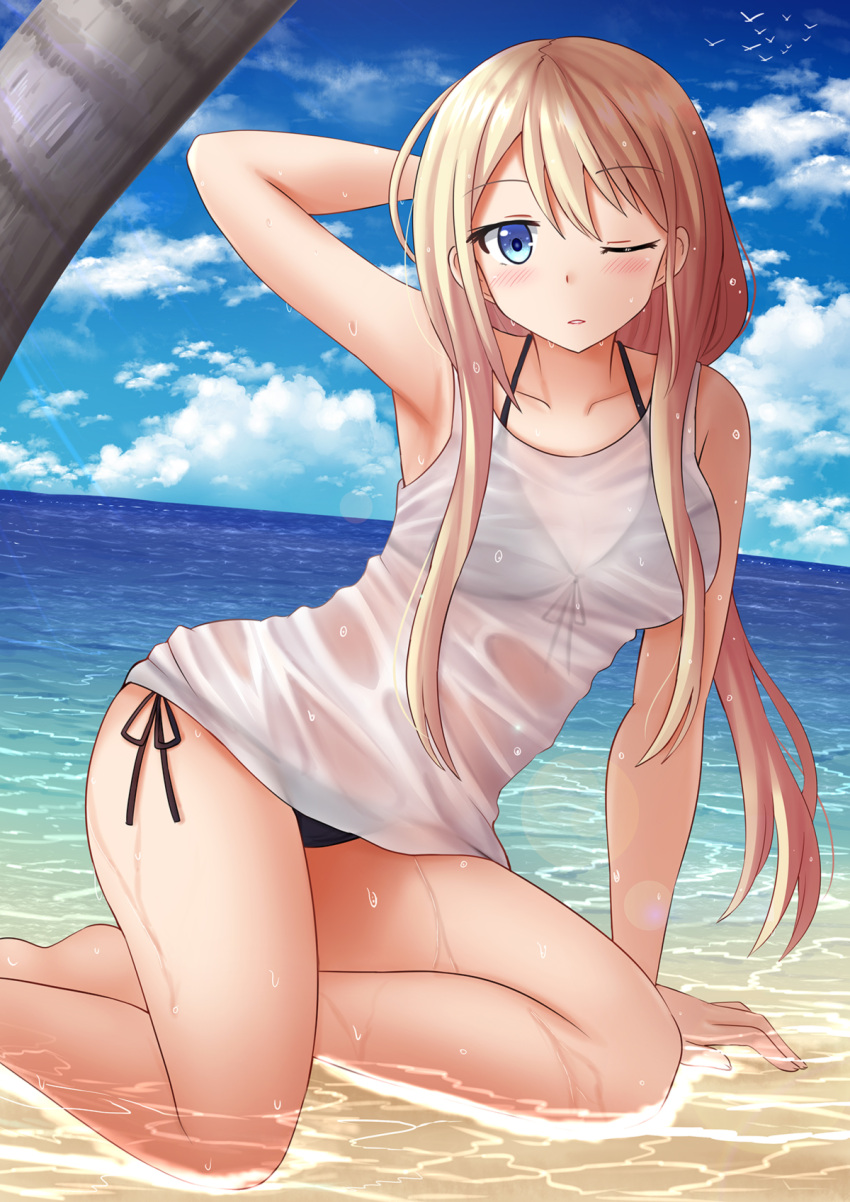 1girl arm_support arm_up bangs bare_arms bare_shoulders bikini bikini_under_clothes black_bikini blonde_hair blue_eyes blue_sky blush chiyuki_fujito clouds cloudy_sky collarbone commentary commission day english_commentary eyebrows_visible_through_hair hair_between_eyes hand_behind_head highres horizon kazenokaze long_hair ocean one_eye_closed outdoors palm_tree parted_lips runway_de_waratte see-through shallow_water shirt side-tie_bikini sky sleeveless sleeveless_shirt solo swimsuit tree very_long_hair water wet wet_clothes wet_shirt white_shirt
