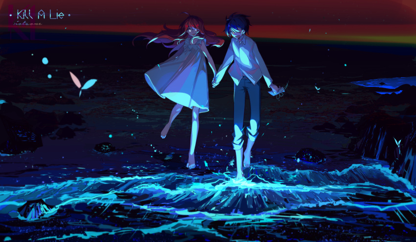 1boy 1girl ahoge bandaged_neck bandages barefoot belt blue_hair dress glowing haokoooo highres holding holding_hands holding_letter letter long_hair night night_sky ocean open_mouth original outdoors pants pants_rolled_up redhead running sky smile teeth upper_teeth waves white_dress yellow_eyes