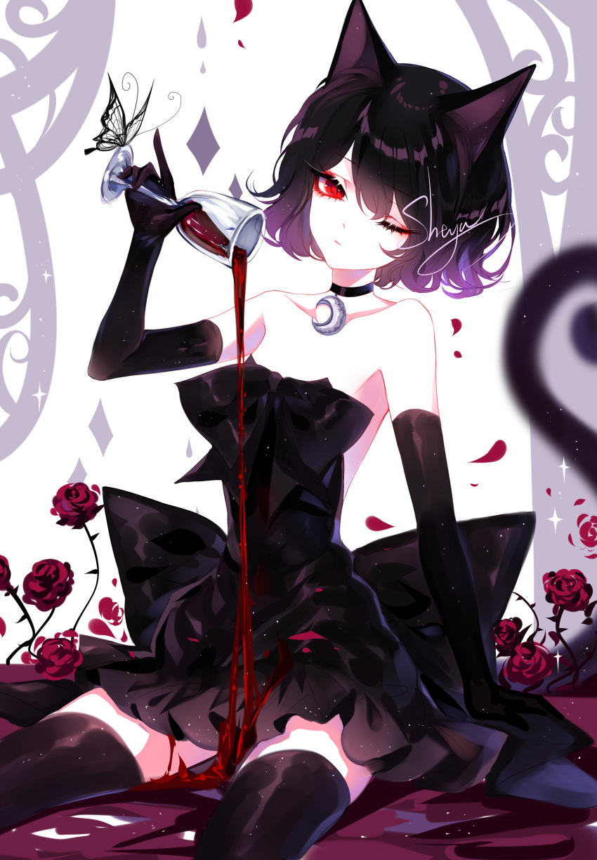 1girl absurdres alcohol animal_ears bangs bare_shoulders black_choker black_dress black_gloves black_hair black_legwear cat_ears choker cup dress drinking_glass elbow_gloves flower gloves gradient_hair hair_between_eyes hand_up highres holding holding_cup looking_at_viewer multicolored_hair one_eye_closed original purple_hair red_eyes red_flower red_rose rose sheya short_dress short_hair sitting solo strapless strapless_dress thigh-highs white_background wine wine_glass zettai_ryouiki