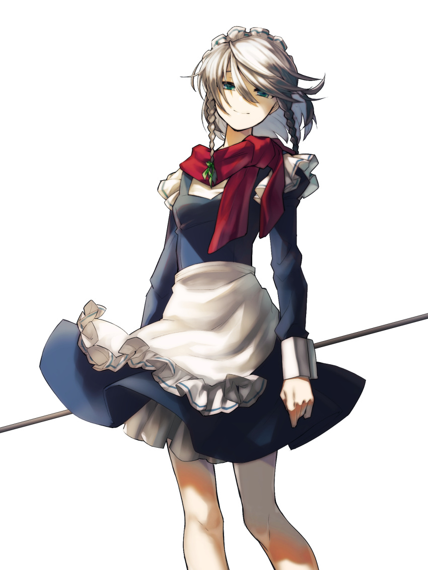 1girl apron bare_legs blue_dress blue_eyes braid breasts bronze_liver cowboy_shot dress floating_hair hair_between_eyes hair_ribbon highres izayoi_sakuya long_sleeves looking_at_viewer maid_apron maid_headdress medium_hair mop perfect_cherry_blossom puffy_long_sleeves puffy_sleeves red_scarf ribbon scarf short_dress side_braids silver_hair simple_background small_breasts smile solo thighs touhou tress_ribbon twin_braids white_background wrist_cuffs