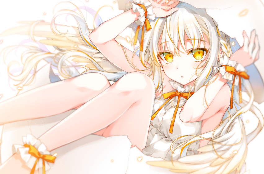 1girl 2980 bare_legs blush eggshell highres long_hair looking_at_viewer original ribbon solo white_hair wings yellow_eyes