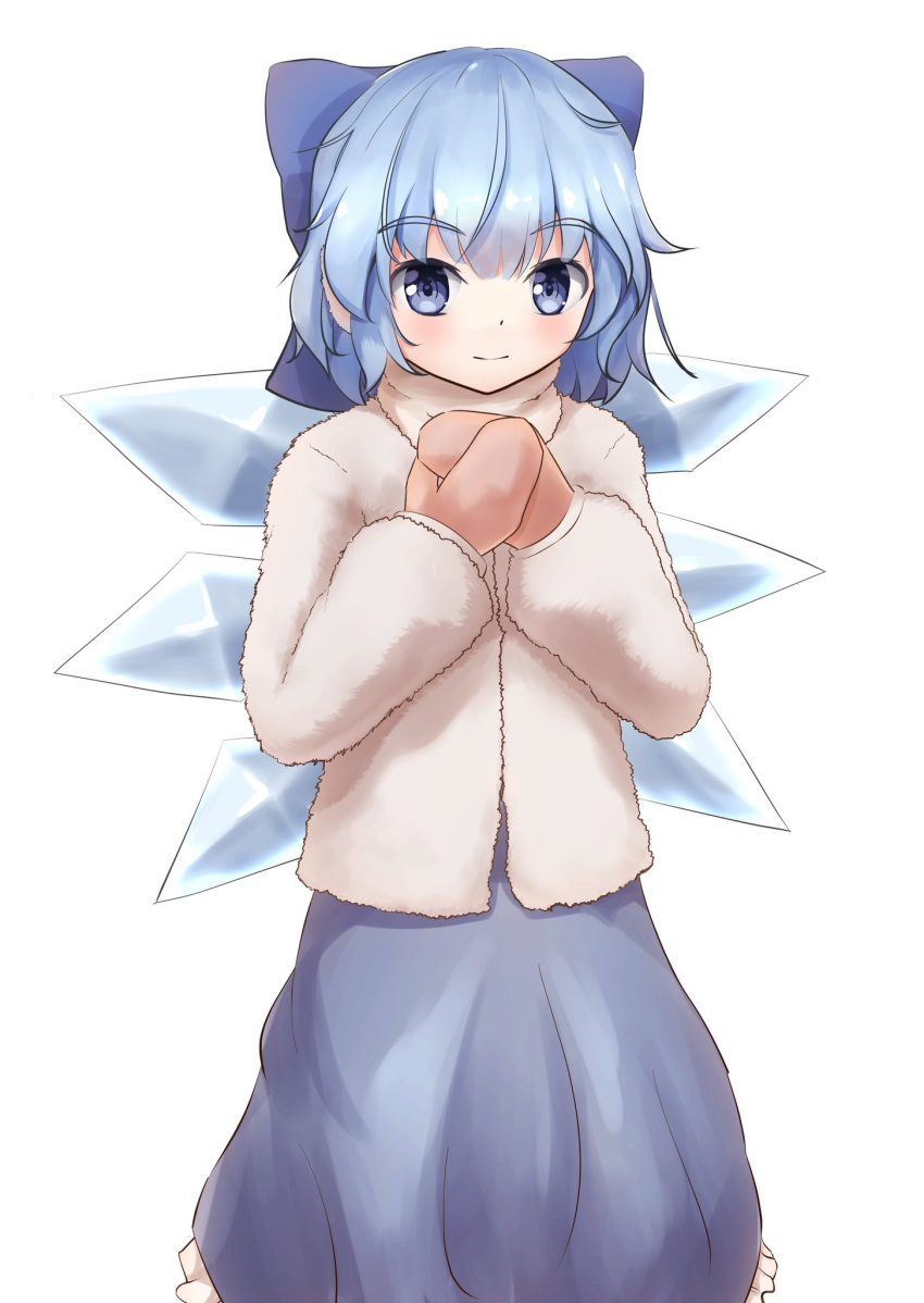 1girl arms_up blue_dress blue_eyes blue_hair bow brown_mittens cirno coat commentary_request cowboy_shot dress earmuffs eyebrows_visible_through_hair fur_coat hair_between_eyes hair_bow hands_together highres light_smile looking_at_viewer mittens petticoat resa_7z_(resastr) scarf short_hair simple_background solo standing touhou white_background white_coat wings winter_clothes winter_coat
