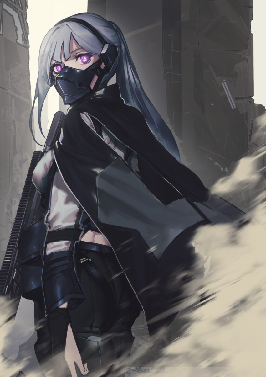 1girl ak-12 ak-12_(girls_frontline) ass assault_rifle black_cape black_gloves black_pants breasts cape commentary_request face_mask fixro2n from_behind girls_frontline gloves glowing glowing_eyes grey_hair gun highres long_hair long_sleeves looking_at_viewer looking_back mask medium_breasts object_namesake pants partly_fingerless_gloves ponytail rifle sand shirt sidelocks solo standing very_long_hair violet_eyes weapon white_shirt