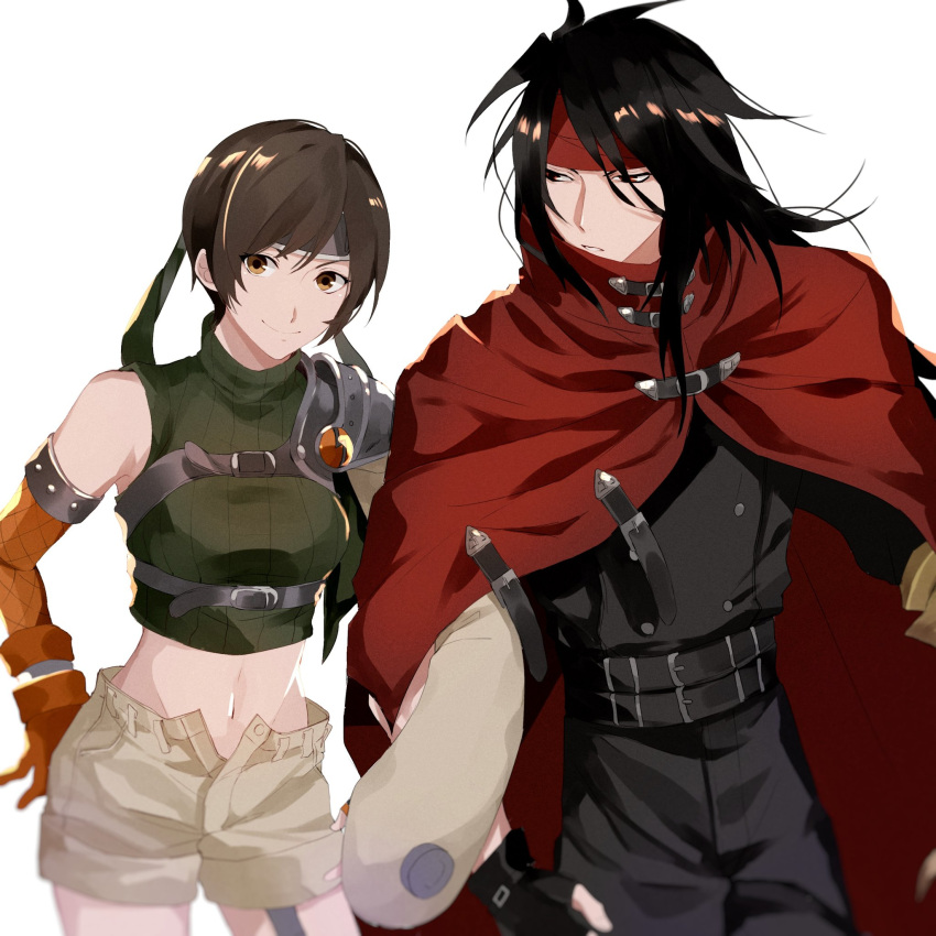 1girl bare_shoulders black_hair breasts brown_eyes brown_hair closed_mouth final_fantasy final_fantasy_vii fingerless_gloves gloves headband highres looking_at_viewer midriff navel open_fly short_hair shorts simple_background sleeveless sleeveless_turtleneck smile turtleneck vincent_valentine white_background yawai_tofu yuffie_kisaragi