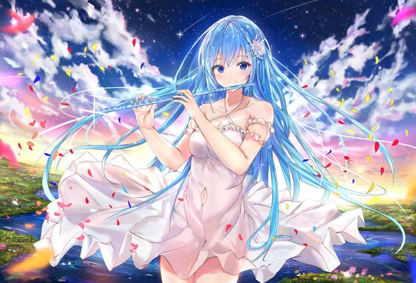 1girl arm_garter bare_shoulders blue_eyes blue_hair breasts clouds cowboy_shot criss-cross_halter dress emori_miku emori_miku_project flute gradient_sky grass halter_dress halterneck highres holding holding_instrument instrument leaf leaves_in_wind long_hair looking_at_viewer medium_breasts na_kyo navel navel_cutout outdoors plain shooting_star sky sleeveless sleeveless_dress smile solo star_(sky) starry_sky very_long_hair water white_dress