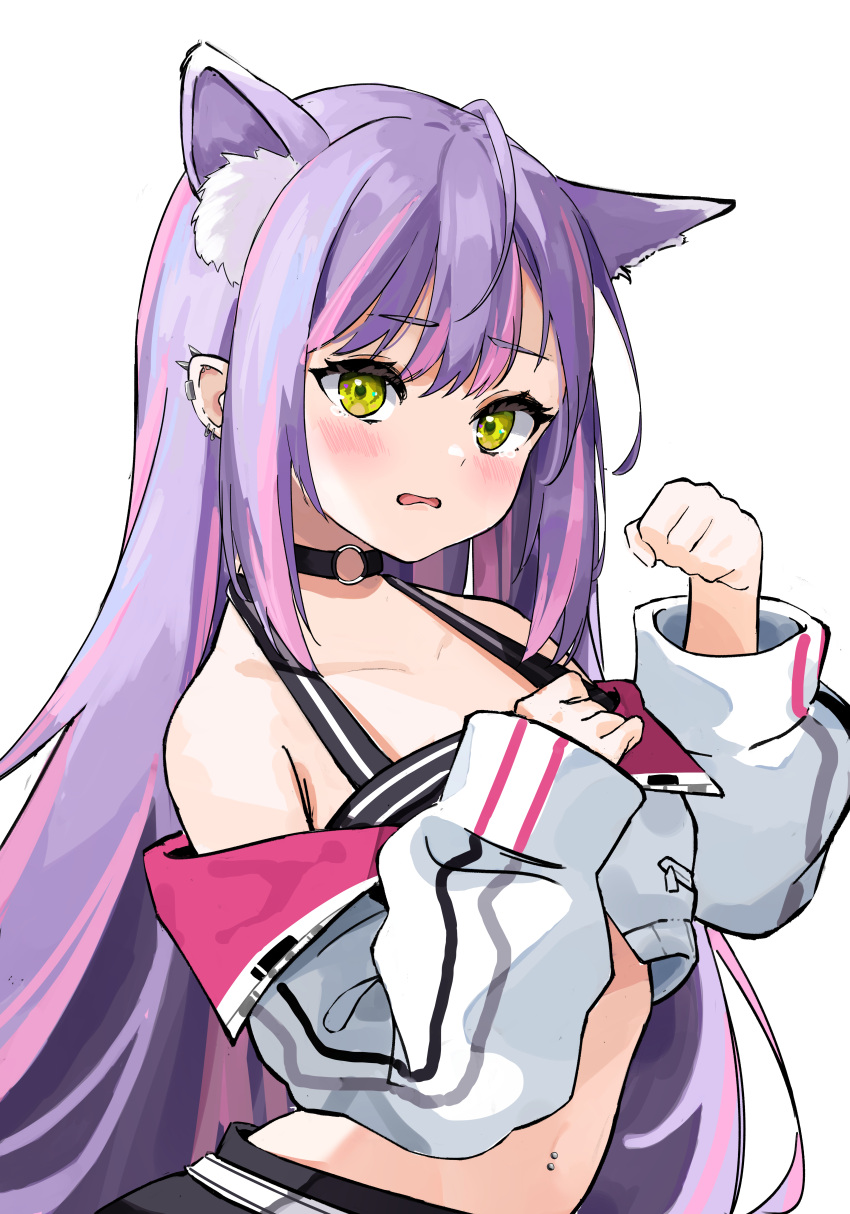 1girl absurdres animal_ear_fluff animal_ears bangs black_choker blush cat_ears choker commentary crop_top cropped_jacket ear_piercing extra_ears eyebrows_visible_through_hair green_eyes halter_top halterneck highres hololive jacket kemonomimi_mode long_hair long_sleeves looking_at_viewer multicolored_hair navel_piercing off_shoulder parted_lips paw_pose piercing pink_hair purple_hair simple_background solo tearing_up tokoyami_towa two-tone_hair upper_body utacha very_long_hair virtual_youtuber white_background white_jacket