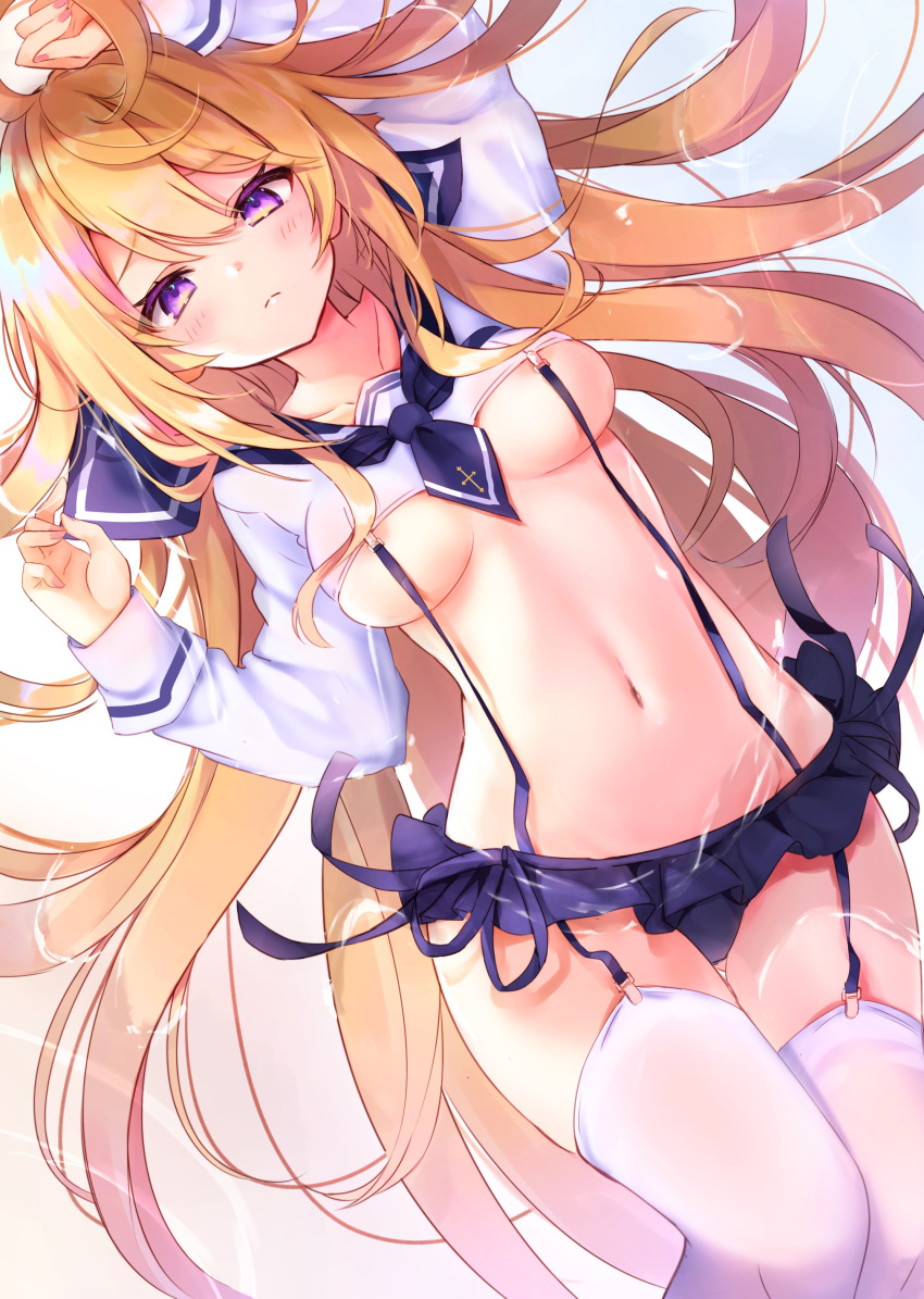 1girl absurdres arm_up blonde_hair blue_sailor_collar blue_skirt breasts closed_mouth collarbone crop_top frown groin hair_spread_out hand_up highres long_hair long_sleeves looking_at_viewer lying medium_breasts microskirt midriff navel necktie nekomugiharu no_bra on_back original sailor_collar shirt short_necktie skirt solo stomach suspenders thigh-highs thighs under_boob very_long_hair violet_eyes water white_background white_legwear white_shirt